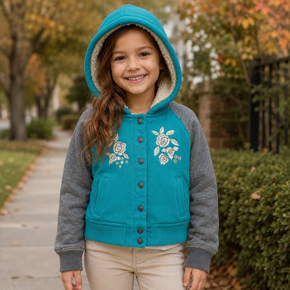 Vigoss Girls 6 Teal Gray Floral Embroidered Sherpa Hooded Jacket